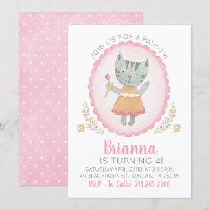 Kat Birthday Party Invitation Kaart