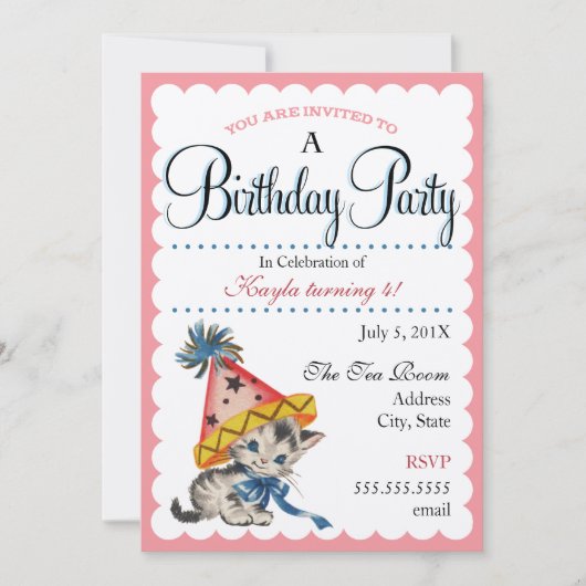 Kat Birthday Party | Retro Birthday-uitnodigingen Kaart (Voorkant)