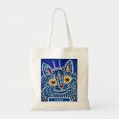 Kat blauw aangepaste naam artistieke caleidoscoop  tote bag (Voorkant)