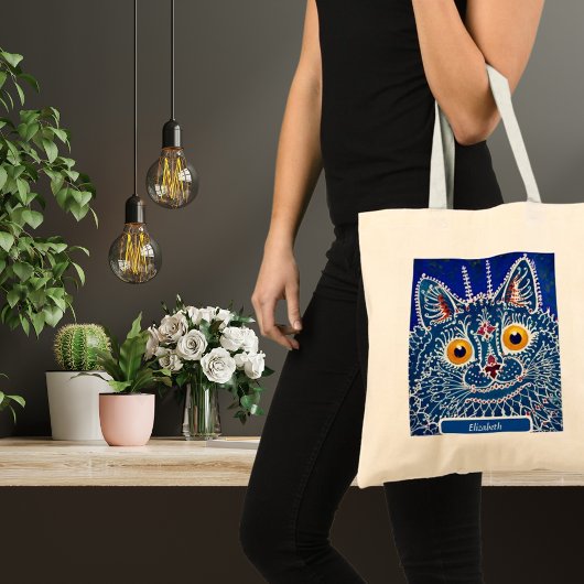 Kat blauw aangepaste naam artistieke caleidoscoop  tote bag