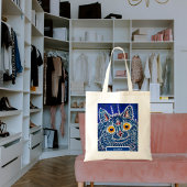 Kat blauw aangepaste naam artistieke caleidoscoop  tote bag