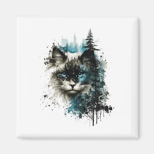Kat Blauwe Ogen Kat Motief Kunst Bos Dier Kat Magneet (Voorkant)