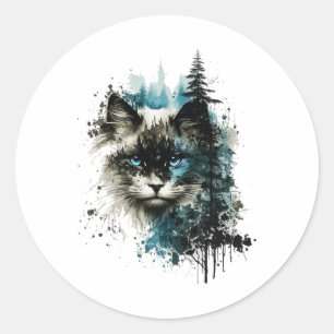 Kat Blauwe Ogen Kat Motief Kunst Bos Dier Kat Ronde Sticker