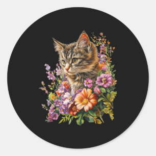 Kat bloem bloemstuk cute kitten grafisch ronde sticker
