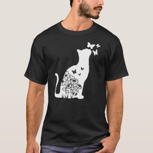 Kat Bloem Vlinder Bloemen Vrouwen Meisjes Kat Mam T-shirt (Voorkant)
