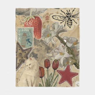 Kat bloemcollagepatroon – Schattig artistiek ontwe Fleece Deken
