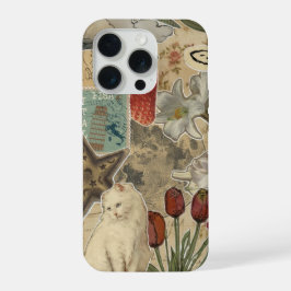 Kat bloemcollagepatroon – Schattig artistiek ontwe iPhone 15 Pro Case