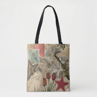 Kat bloemcollagepatroon – Schattig artistiek ontwe Tote Bag