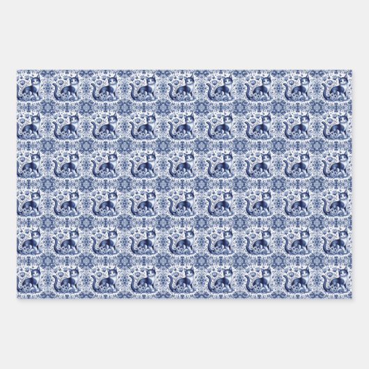 Kat Bloemen Elegant Engels Delfts Ware Blauw Wit Inpakpapier Vel (Voorkant 3)