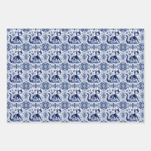Kat Bloemen Elegant Engels Delfts Ware Blauw Wit Inpakpapier Vel (Voorkant 2)