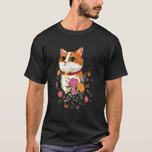 Kat Bloemen Vlinders Kat T-shirt (Voorkant)