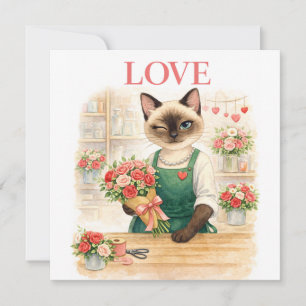 Kat bloemist met liefdesbrief voor geliefde feestdagenkaart