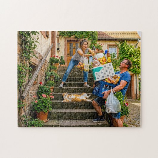 Kat blokkeert trap tijdens boodschappen legpuzzel (Horizontaal)