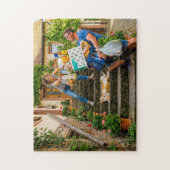 Kat blokkeert trap tijdens boodschappen legpuzzel (Verticaal)