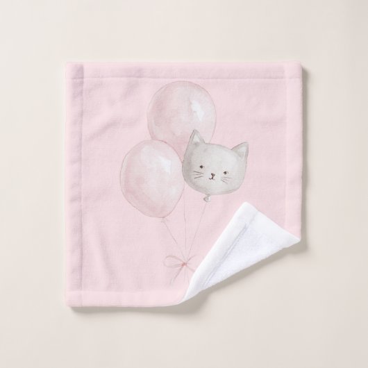 Kat Blozen Roze Ballonnen   Washandje (Wasdoekje)