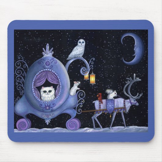Kat Blue Carriage Winter Snowy Owl White Deer Cute Muismat (Voorkant)