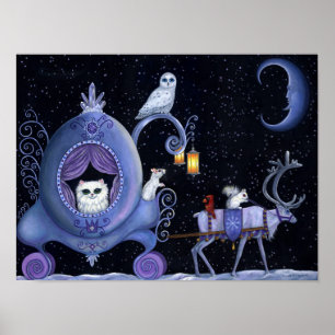 Kat Blue Carriage Winter Snowy Owl White Deer Cute Poster