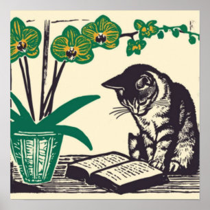 Kat, boek, boeken, kitten, lezen, schattig, kat, k poster
