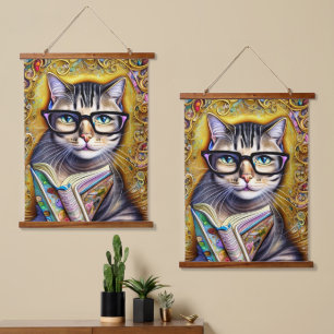 Kat-bril met boekkunstwerk hangend wandkleed