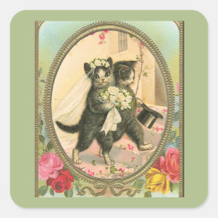 Kat Bruid en Bruidegom Trouwdag Vierkante Sticker