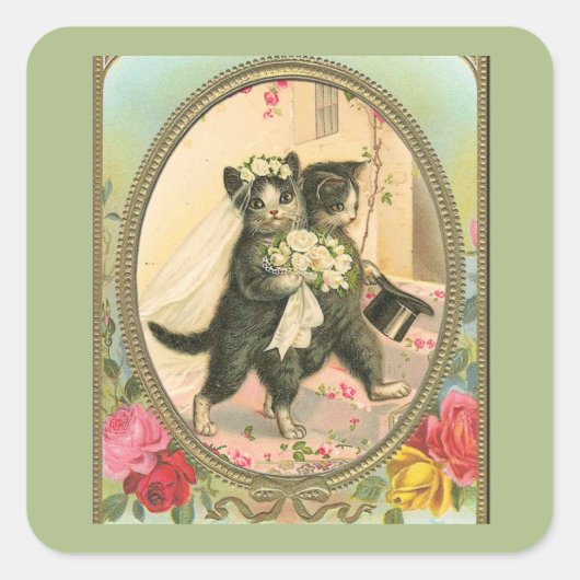Kat Bruid en Bruidegom Trouwdag Vierkante Sticker (Voorkant)