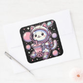 Kat Bubble Boba Thee In De Ruimte Astronaut Anime Vierkante Sticker (Envelop)