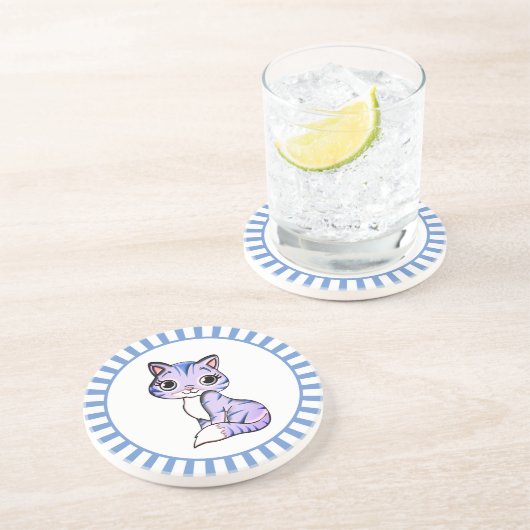 Kat-cartoon en blauw-roggen-onderzetter zandsteen onderzetter (Zijkant)