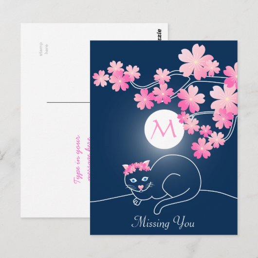  kat Cherry Blossom Moon Pink Sakura Blue Briefkaart (Voorkant / Achterkant)