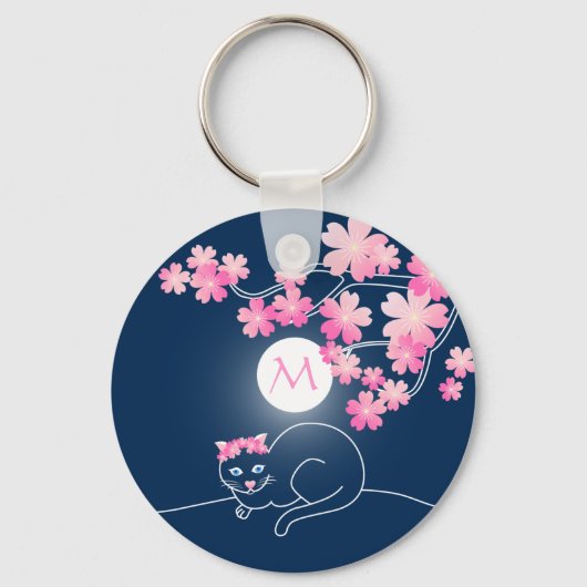 kat Cherry Blossom Moon Pink Sakura Blue Sleutelhanger (Voorkant)