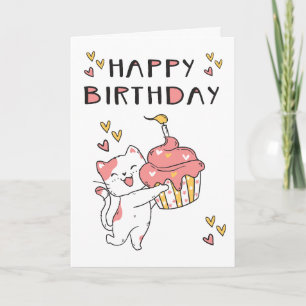 Kat Cute Kawaii met cupcake Birthday Kaart