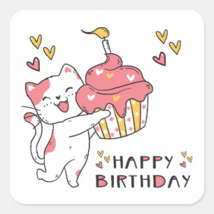 Kat Cute Kawaii met cupcake Square Sticker