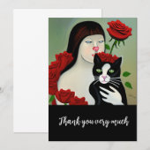 Kat Dame met zwarte en witte kat en rozen Bedankkaart (Voorkant / Achterkant)