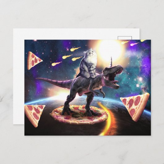 Kat dat dinosaurus unicorn in de ruimte rijdt briefkaart (Voorkant / Achterkant)