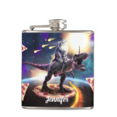 Kat dat dinosaurus unicorn in de ruimte rijdt heupfles (Voorkant)