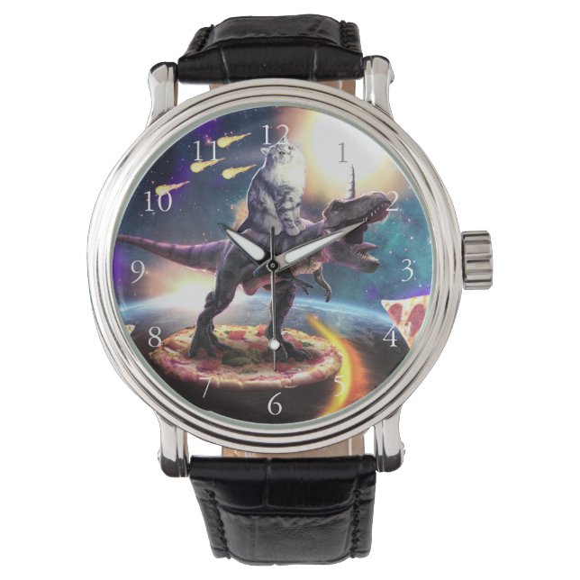 Kat dat dinosaurus unicorn in de ruimte rijdt horloge (Voorkant)