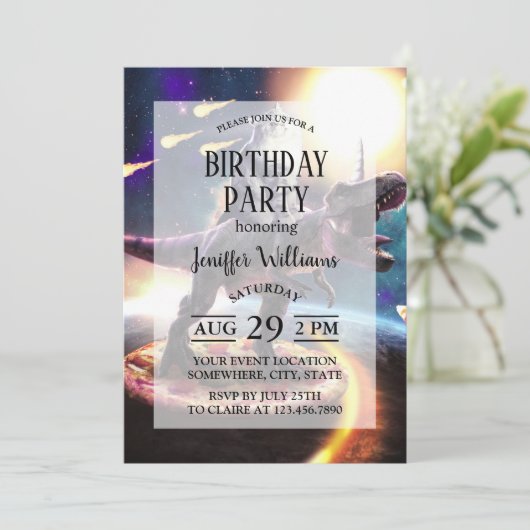 Kat dat dinosaurus unicorn in de ruimte rijdt kaart (Staand voorkant)