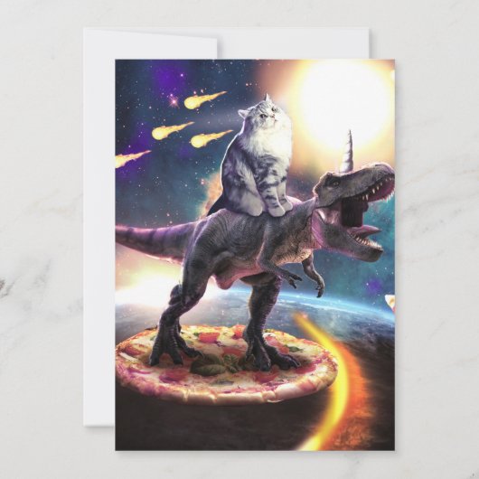 Kat dat dinosaurus unicorn in de ruimte rijdt kaart (Achterkant)