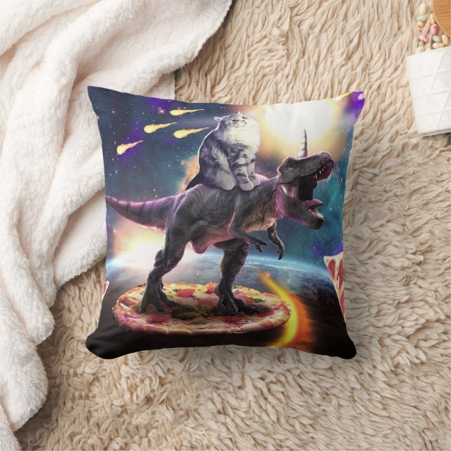 Kat dat dinosaurus unicorn in de ruimte rijdt kussen (Deken)