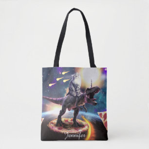 Kat dat dinosaurus unicorn in de ruimte rijdt tote bag