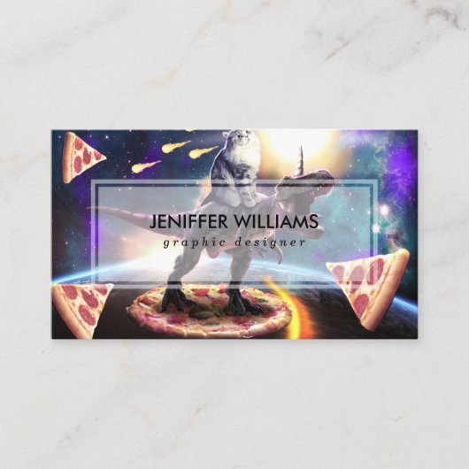 Kat dat dinosaurus unicorn in de ruimte rijdt visitekaartje (Voorkant)