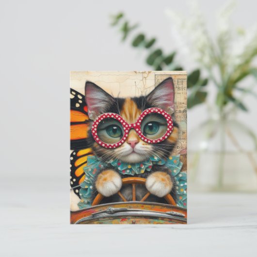 Kat dat een auto bestuurt briefkaart (Staand voorkant)