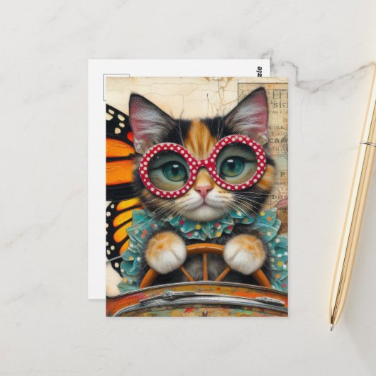 Kat dat een auto bestuurt briefkaart (Voorkant / Achterkant in situ)