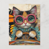 Kat dat een auto bestuurt briefkaart (Voorkant)