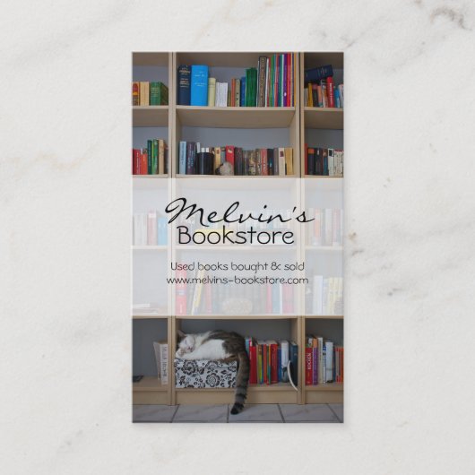 Kat dat in boekenboeken in de boekenwinkel slapen visitekaartje (Voorkant)