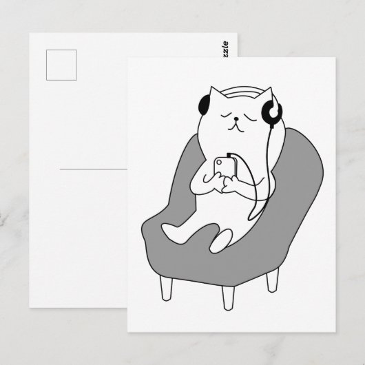 Kat dat Luisteren op Muziek op Hoofdtelefoon opnie Briefkaart (Voorkant / Achterkant)