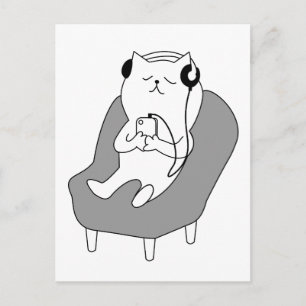 Kat dat Luisteren op Muziek op Hoofdtelefoon opnie Briefkaart