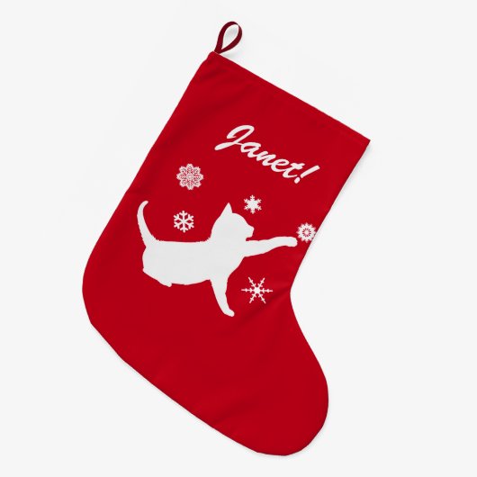 Kat dat met Snowflakes speelt in Silhouette Grote Kerstsok (Voorkant (Hangend))