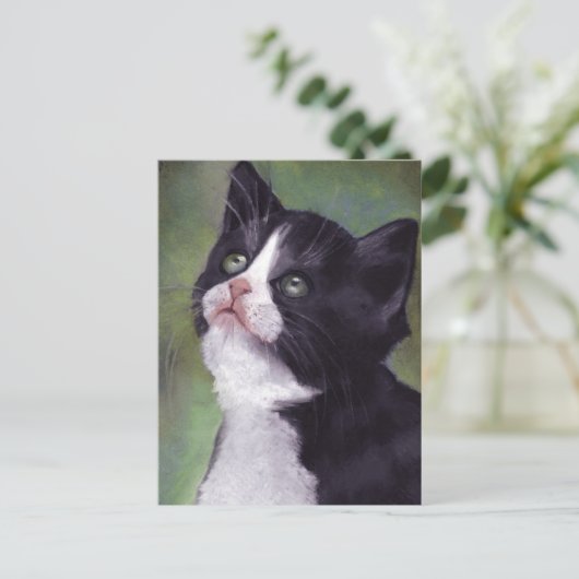 Kat dat omhoog kijkt: Kat in oliepastel Briefkaart (Staand voorkant)