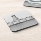 Kat dat op witte schaal naast een tapijtschuit zit onderzetter (Linkerzijde)