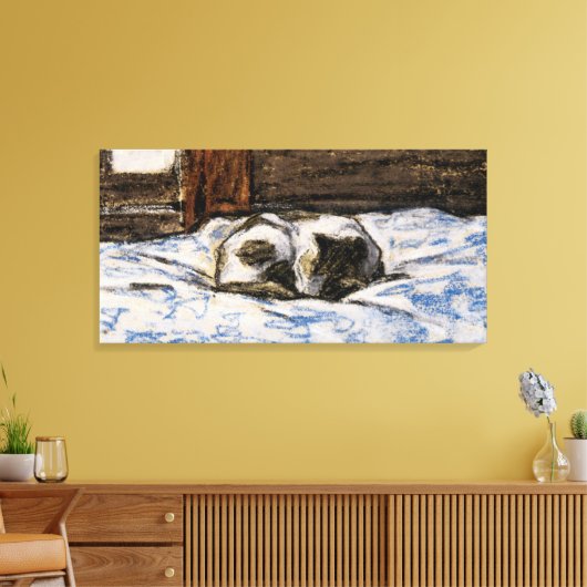 Kat dat slaapt op een bed canvas afdruk (Insitu (Woonkamer))